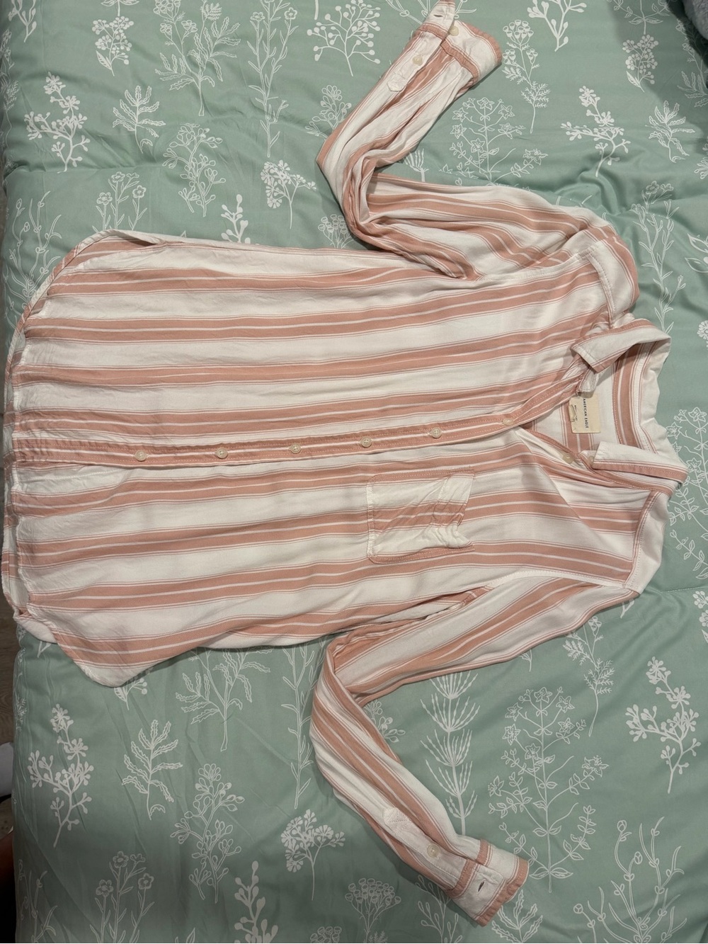 American Eagle Boyfriend Fit Striped Button-Up Shirt in Blush and White